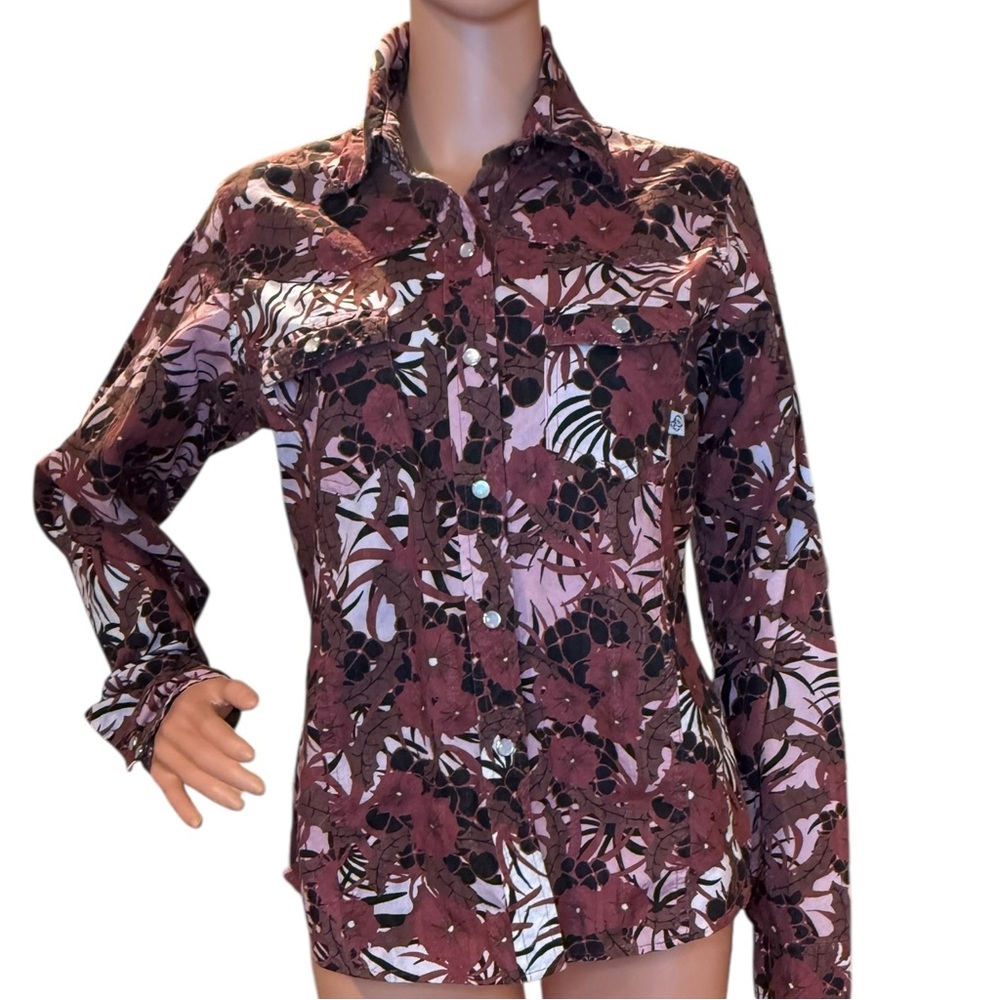 Patagonia Organic Cotton Shirt Red Brown Pink Floral Pearl Snap Top  Medium